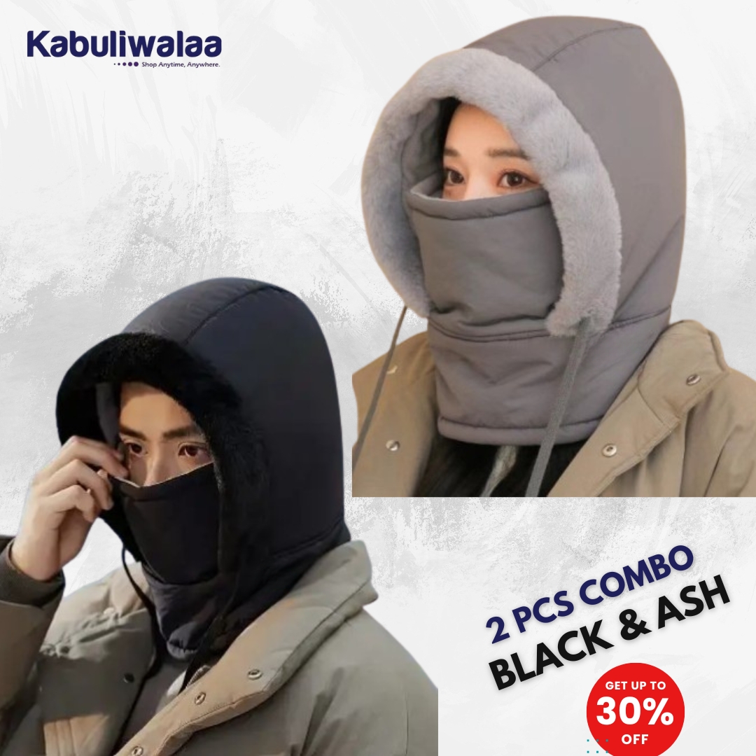 2 Pcs Combo - Winter Thick Warm Hat - (Black & ASH)